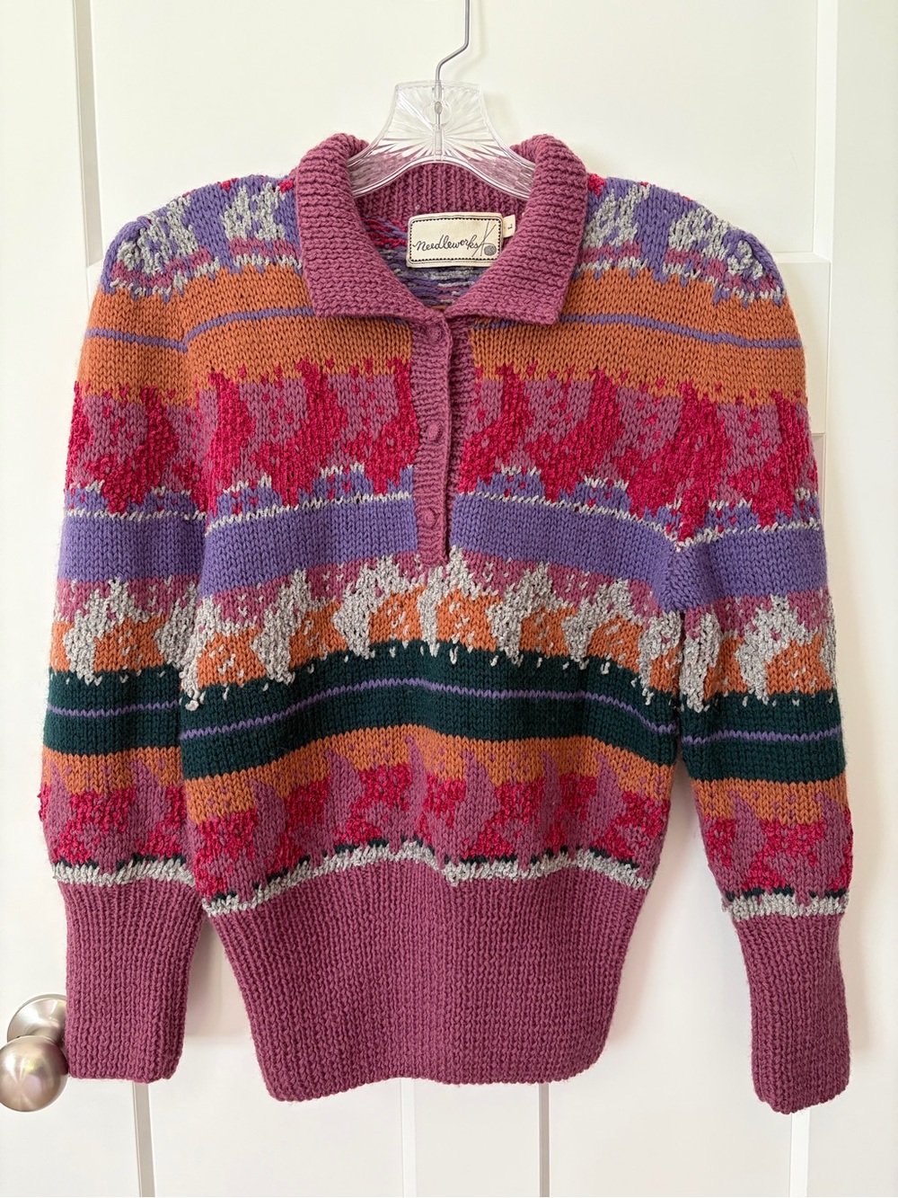 Vtg Women Eclectic Grandpa Fair Isle Sweater Wool Colorful Retro Knit Pullover L